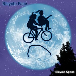 A silhouette of two people holding instruments and riding a bicycle flying in the night sky in front of a full moon. The tires of the bike make up the eyes of a frowning face on the moon.