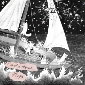 White cartoon cats on a sail boat at night.