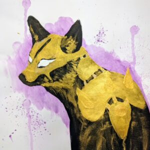 A white backdrop with a light purple splatter in the center behind a painting of a black fox with golden armour.
