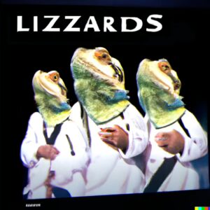 3 Lizards in white outfits. the background is black and the white text at the top reads "Lizzards."