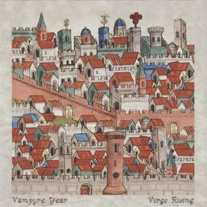 Drawing of houses and buildings tight together with orange-red roofs.
