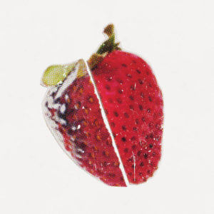 A printed red strawberry with yellow-green leaves on a white background.