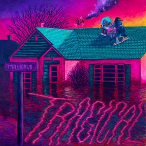 Three animal characters sitting on the roof of a house during a flood, the colours are bright and surreal.