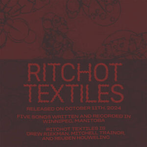 Deep red with deeper coloured details on the top portion. Bottom portion is the darker colour with text in the original deep red. The text outline the the details of the EP