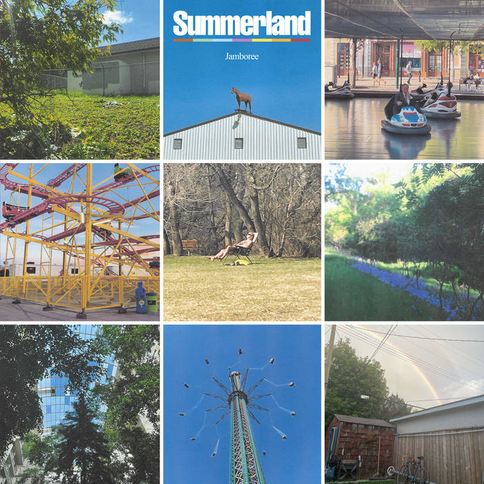 Sumerland album cover. photo tiles of horse on a roof, bumper cars, roller coster, sun tanning in a lawn chair, rainbows, paths, trees and swings.