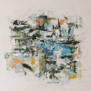 Abstract painting centered on an off-white background. The central colours include different blues, yellow, and greens