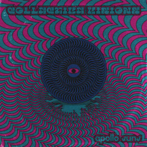 Pink and turquoise spiral illusion pattern. Darker blue circular eyeball in the center.
