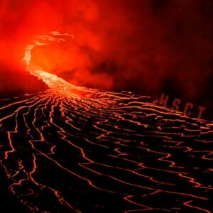A stream of magma collecting at the base of the photo.